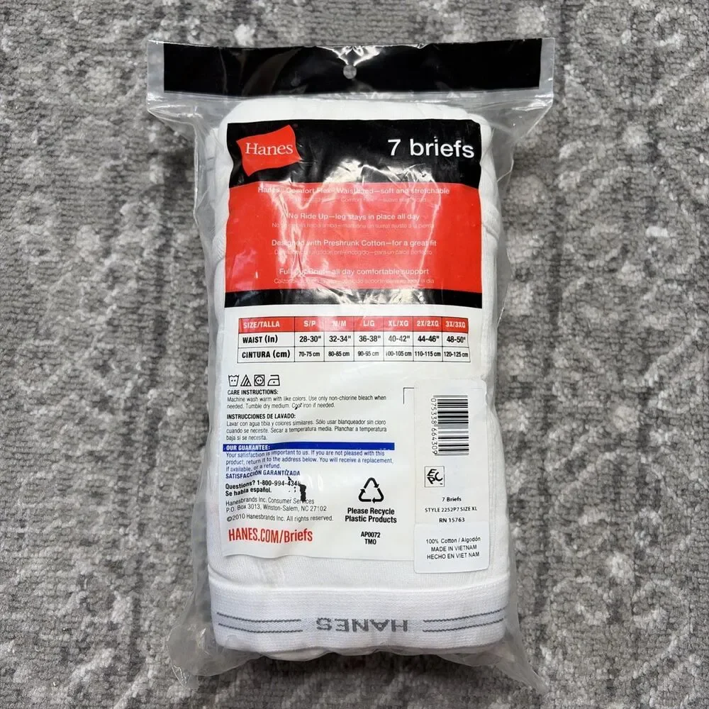 HANES 7 Pack Tagless Briefs NEW White Size XL 40